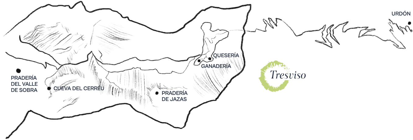 Mapa ilustrado de Tresviso con las praderías, cuevas y la quesería-ganadería donde se realiza la experiencia “Quesero por un día” de Javier Campo.